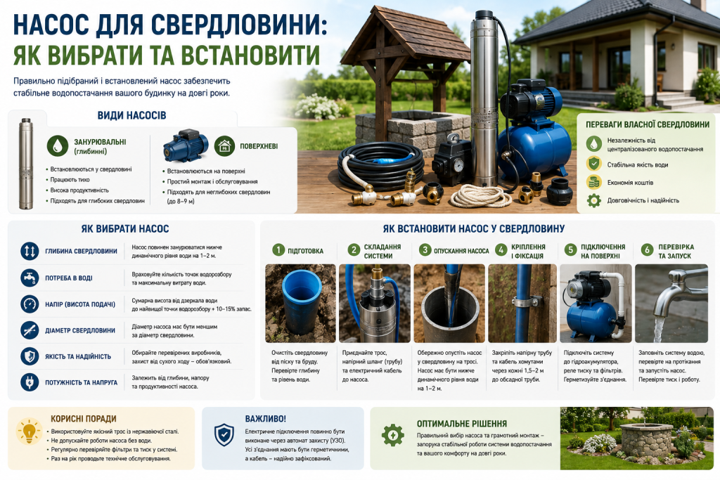 Інфографіка про вибір насоса для свердловини, типи насосів, глибину встановлення, продуктивність і правила монтажу.