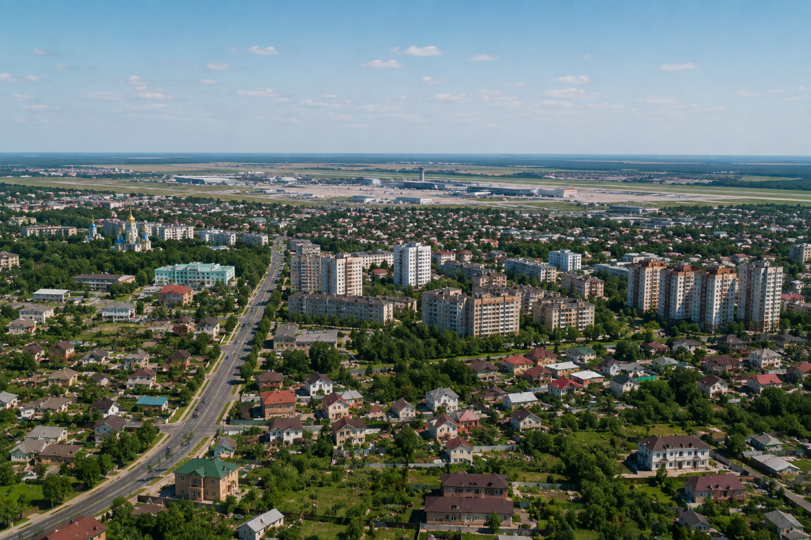 Панорамний вид на Бориспіль з висоти, житлові квартали, дороги та територія міжнародного аеропорту на горизонті.