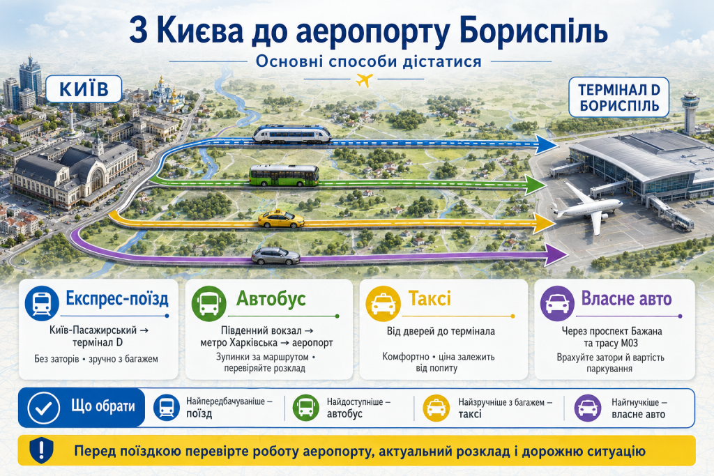 Інфографіка зі способами поїздки з Києва до аеропорту Бориспіль поїздом, автобусом, таксі та власним автомобілем