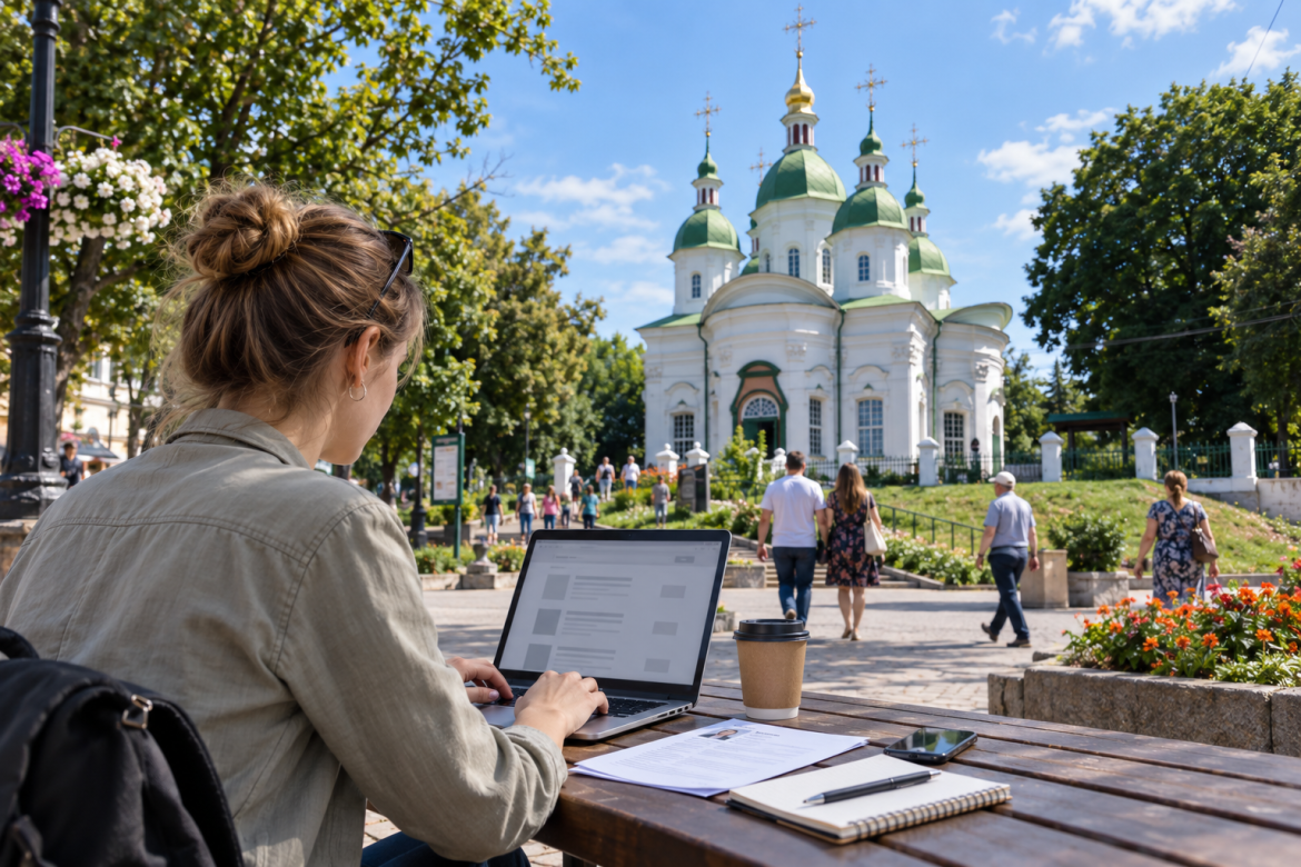 Жінка шукає вакансії на ноутбуці у Василькові на тлі міського пейзажу та історичної архітектури.