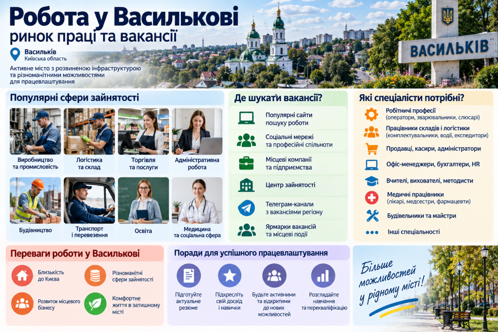 Інфографіка про роботу у Василькові, популярні вакансії, сфери зайнятості, пошук роботи та затребувані професії.