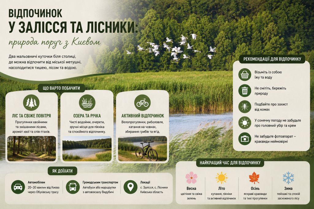 Інфографіка про відпочинок у Заліссі та Лісниках біля Києва з озерами, лісами й активностями на природі